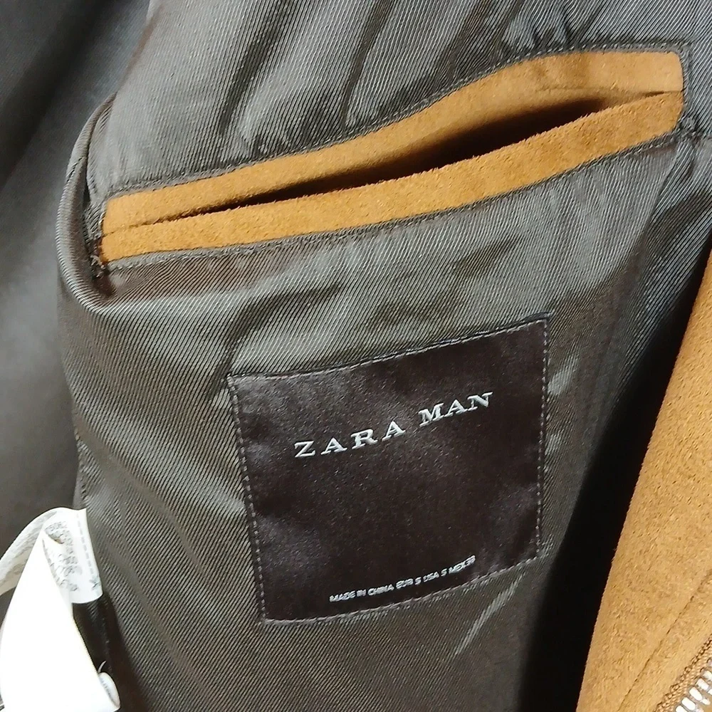 Zara Men's Rust Brown Vegan Suede Moto Biker Jacket size Small
